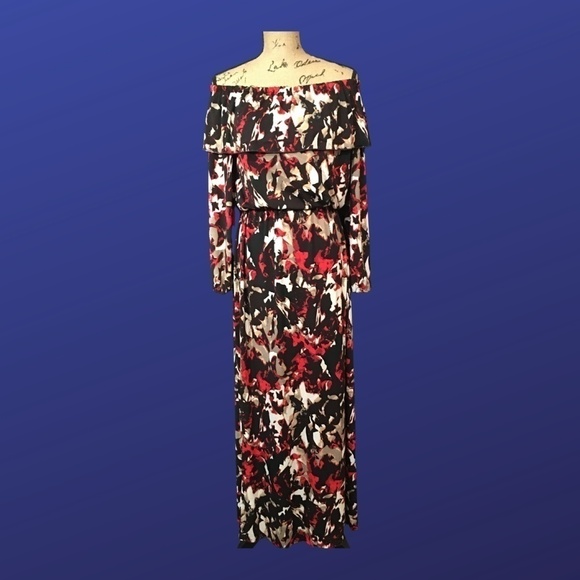 Venus Off the Shoulder MAXI Dress, BLACK/BEIGE/RED Abstract Print, Size M, NWOT